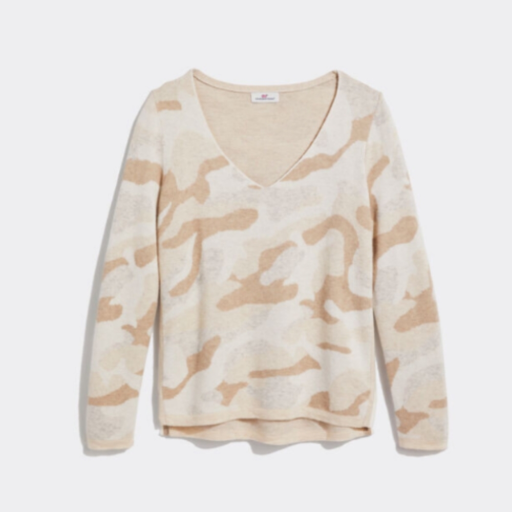 VINYARD VINES Cream & Tan Camo V-Neck Long Sleeve Soft Sweater Split Sides Tunic